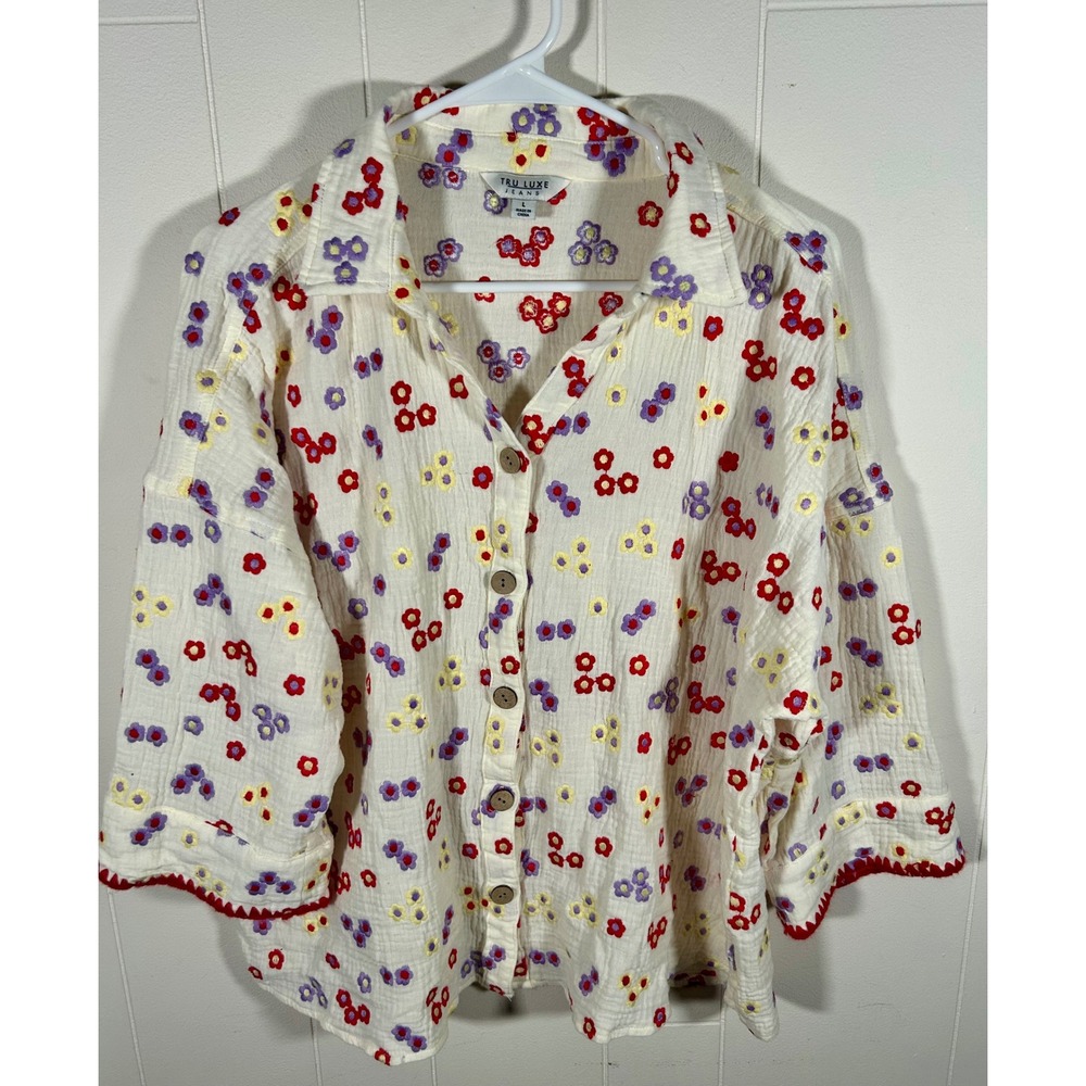 Floral Embroidered Cotton Gauze Button Up Shirt Cream Women Large Bohemian